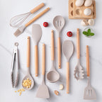 Conjunto de Utensílios de Cozinha em Silicone – 12 Peças com Cabos de Madeira