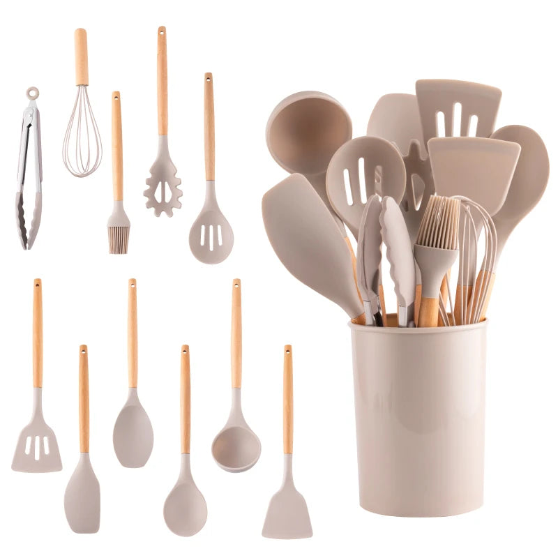 Conjunto de Utensílios de Cozinha em Silicone – 12 Peças com Cabos de Madeira