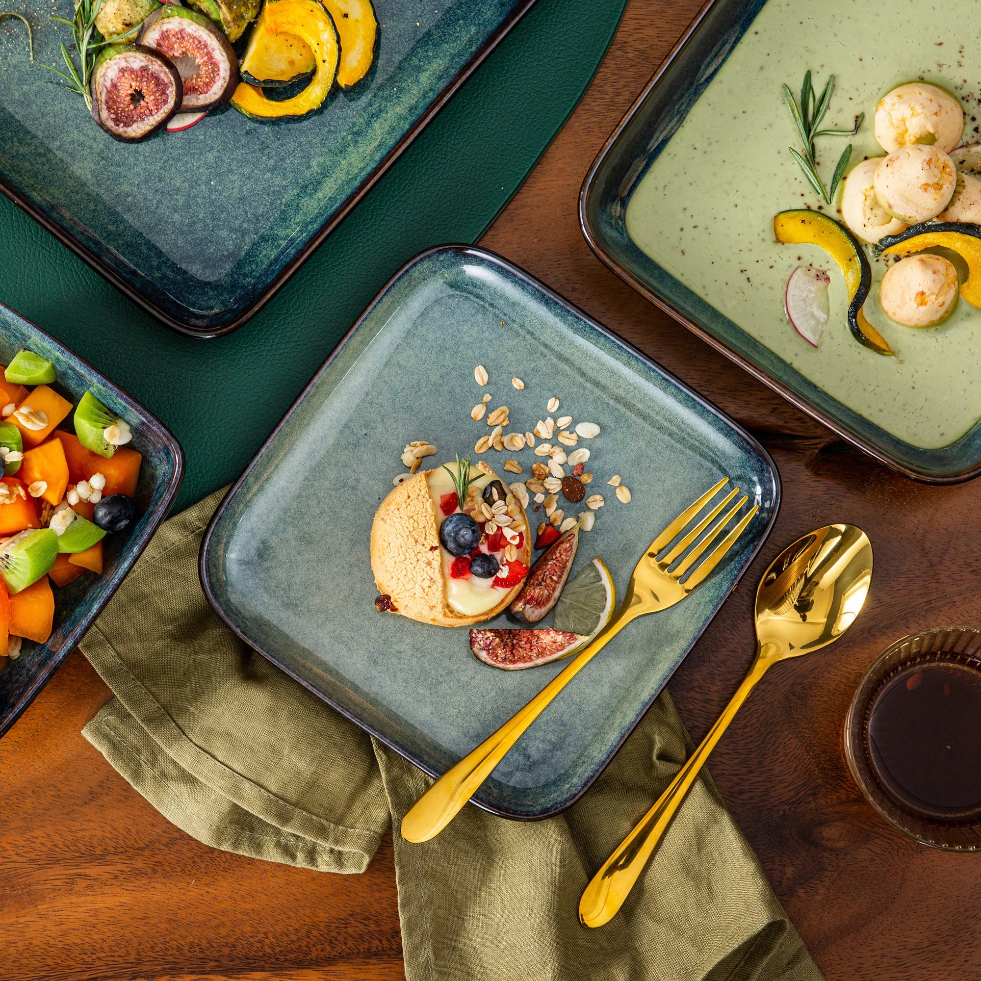 Conjunto de Loiça Vancasso Stern 16 Peças – Design Quadrado em Cerâmica com Vidrado em Tons Verde e Azul