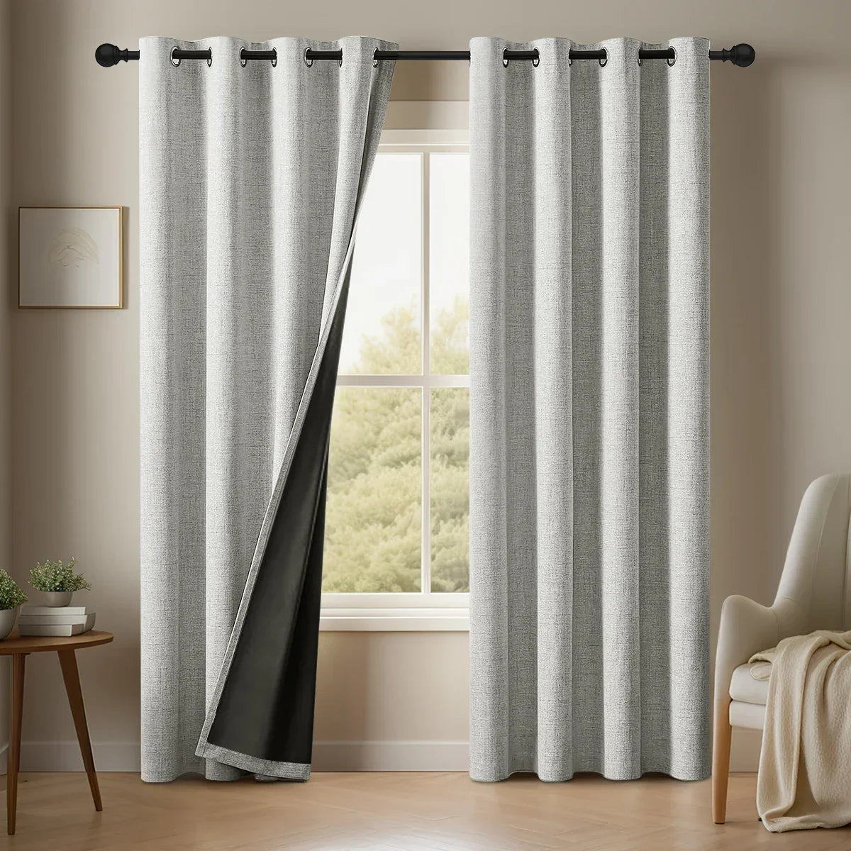 Blackout curtain in plain fabric with linen effect