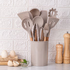 Conjunto de Utensílios de Cozinha em Silicone – 12 Peças com Cabos de Madeira