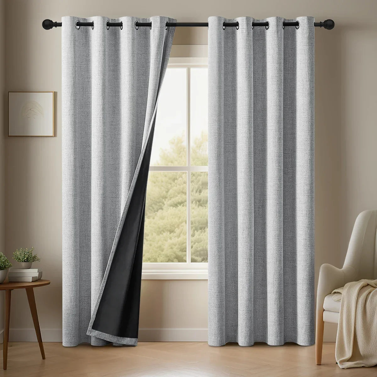 Blackout curtain in plain fabric with linen effect